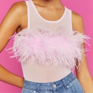 Forever 21 Pink Mesh Feathers Bodysuit, Size Small